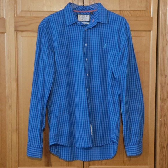 Thomas Pink Shirt Mens 15.5-16 Blue Gingham Check Slim Fit - Picture 3 of 8